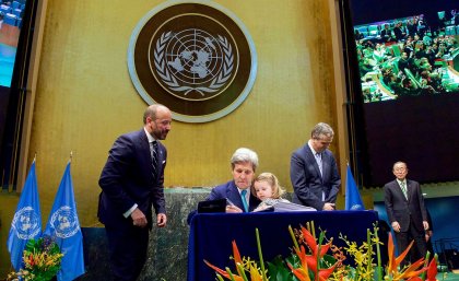 US Secretary of State John Kerry signs the COP21 UN Climate Change agreement US Secretary of State John Kerry signs the COP21 UN Climate Change agreement.
